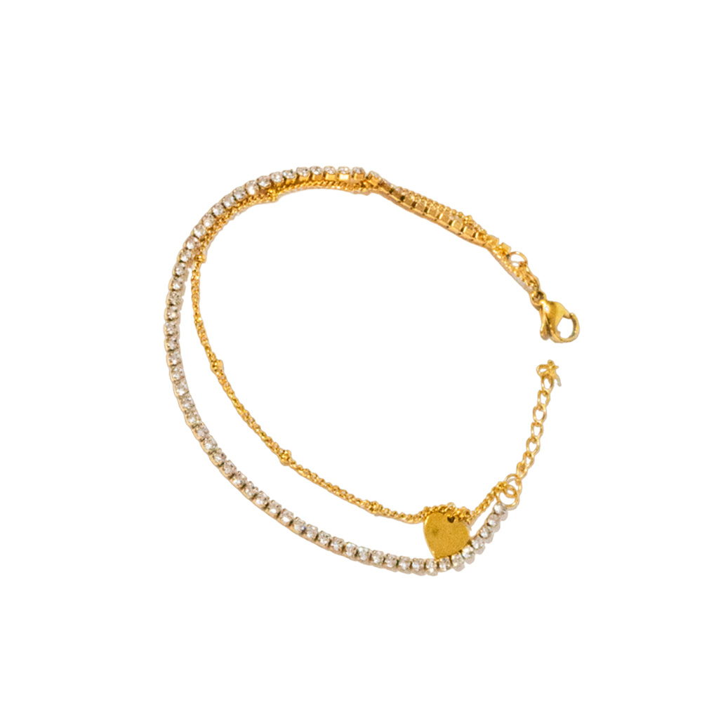 PULSERA DE ACERO DORADO DOBLE CON STRASS Y DIJE CORAZON