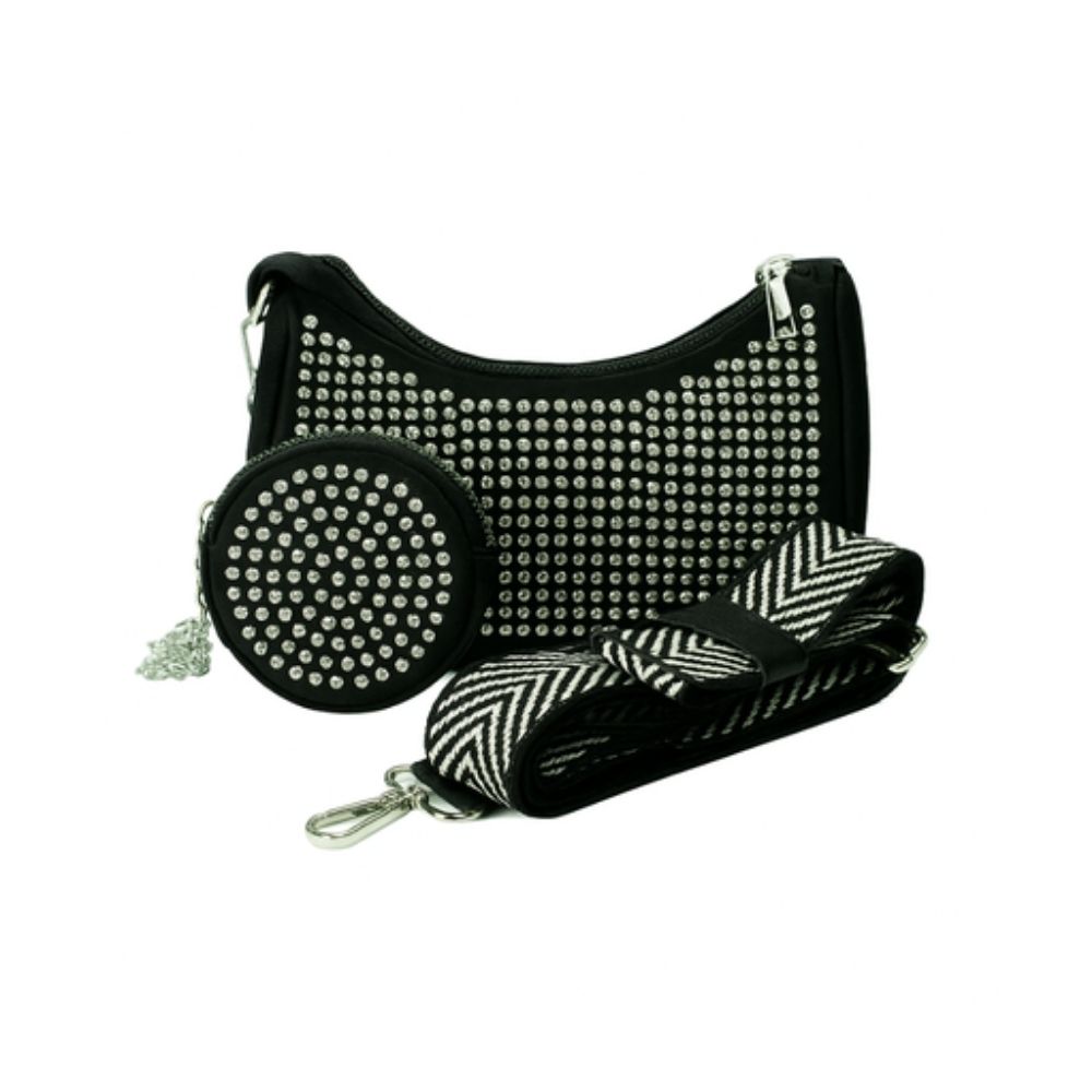 CARTERA STRASS CON MONEDERO Y CORREA SIMIL CUERO