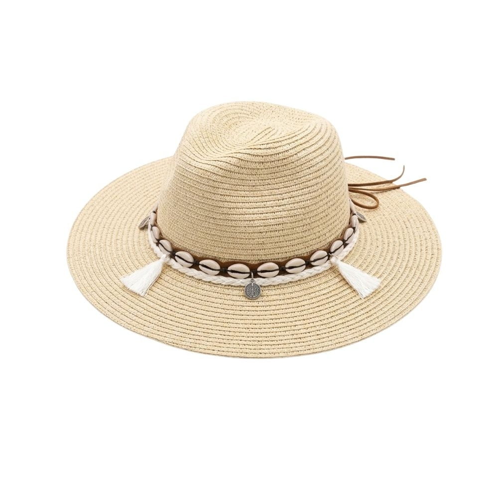 SOMBRERO DE RAFIA CON DETALLES CARACOLES Y FLECOS