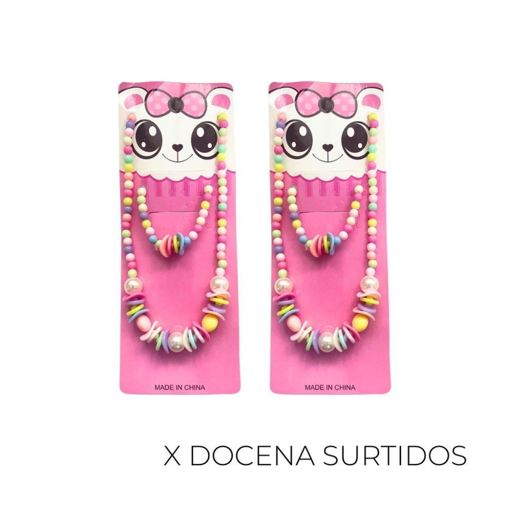 COLLAR + PULSERA CUENTAS DE COLORES  (PACK X12)