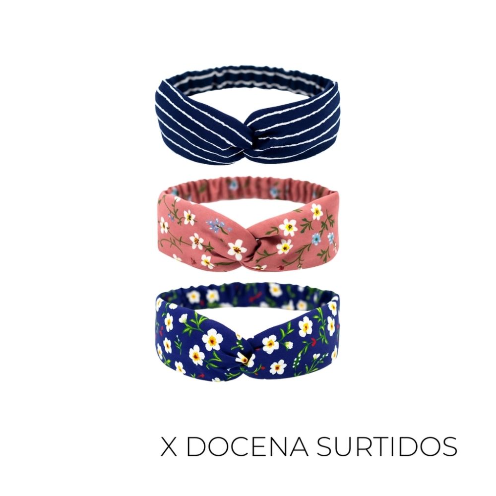 VINCHA BANDANA CRUZADA ESTAMPADA (X12 UNIDADES)