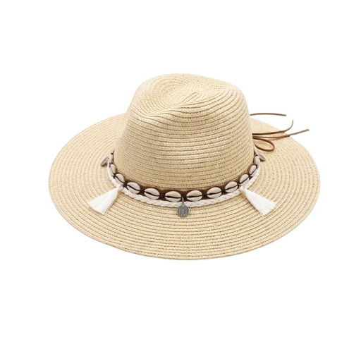 [TA274] SOMBRERO DE RAFIA CON DETALLES CARACOLES Y FLECOS